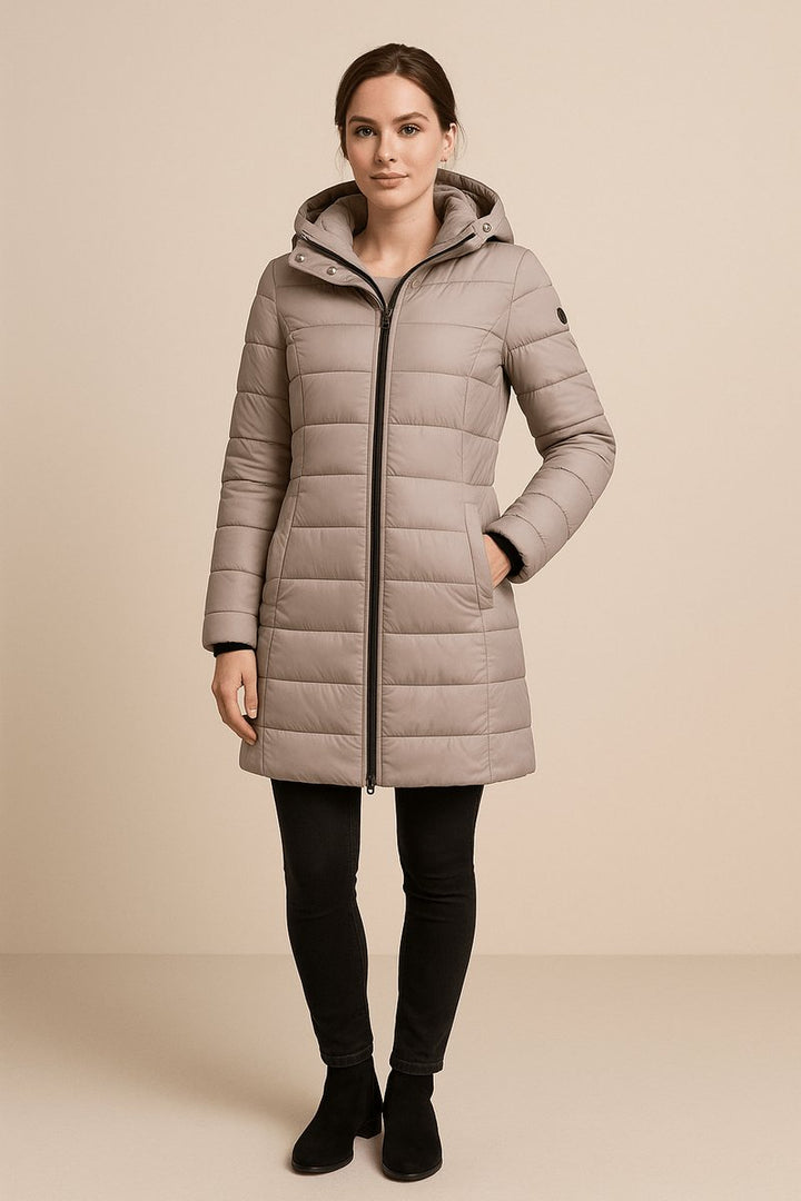 Women's Long Hooded Quilted Padded Coat Two-Way Zip - Beige
