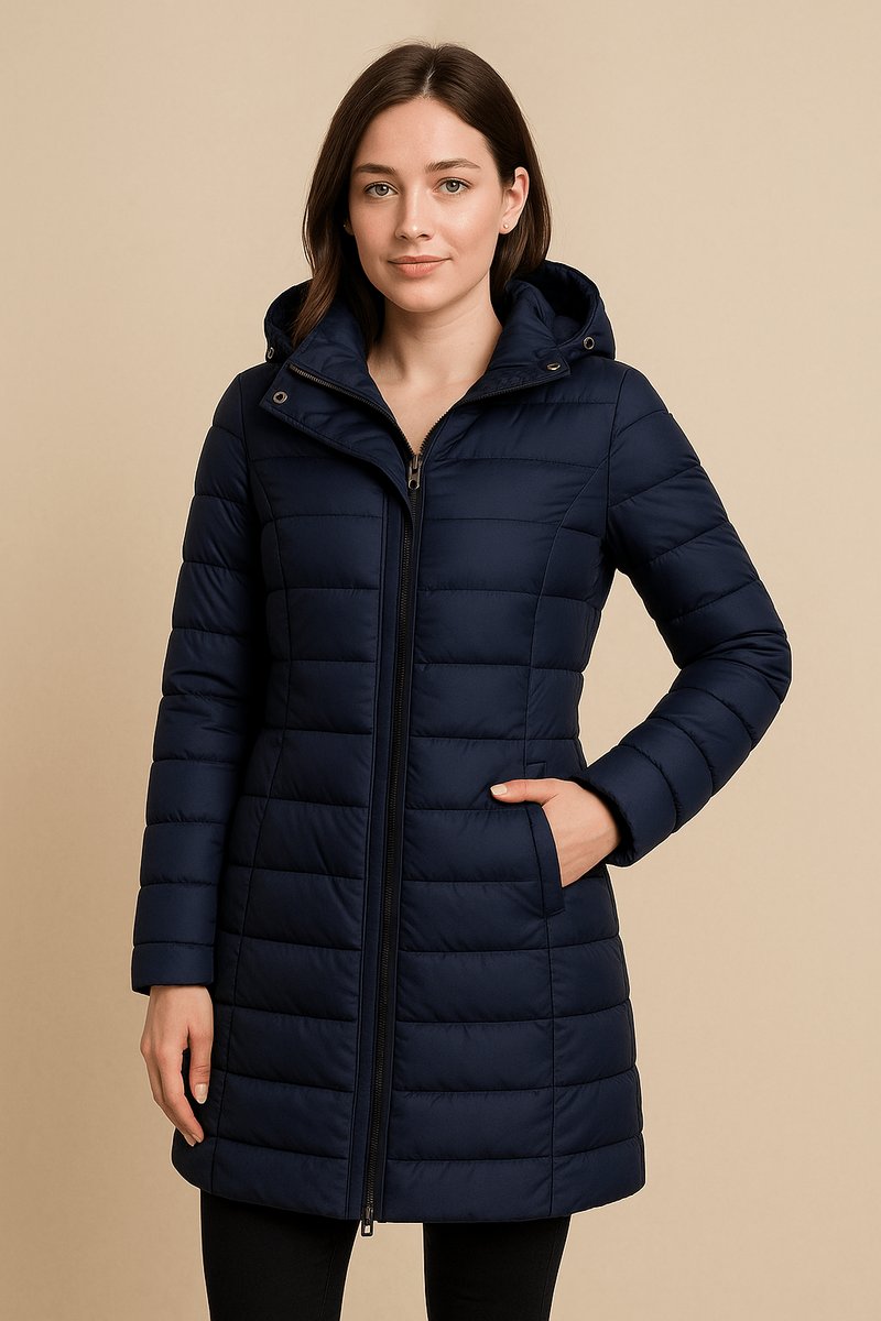 Women's Long Hooded Quilted Padded Coat Two-Way Zip - Navy Blue