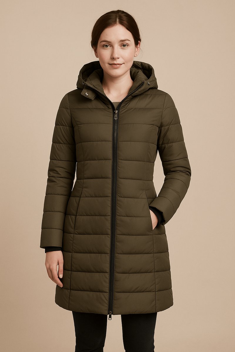 Women's Long Hooded Quilted Padded Coat Two-Way Zip - Green
