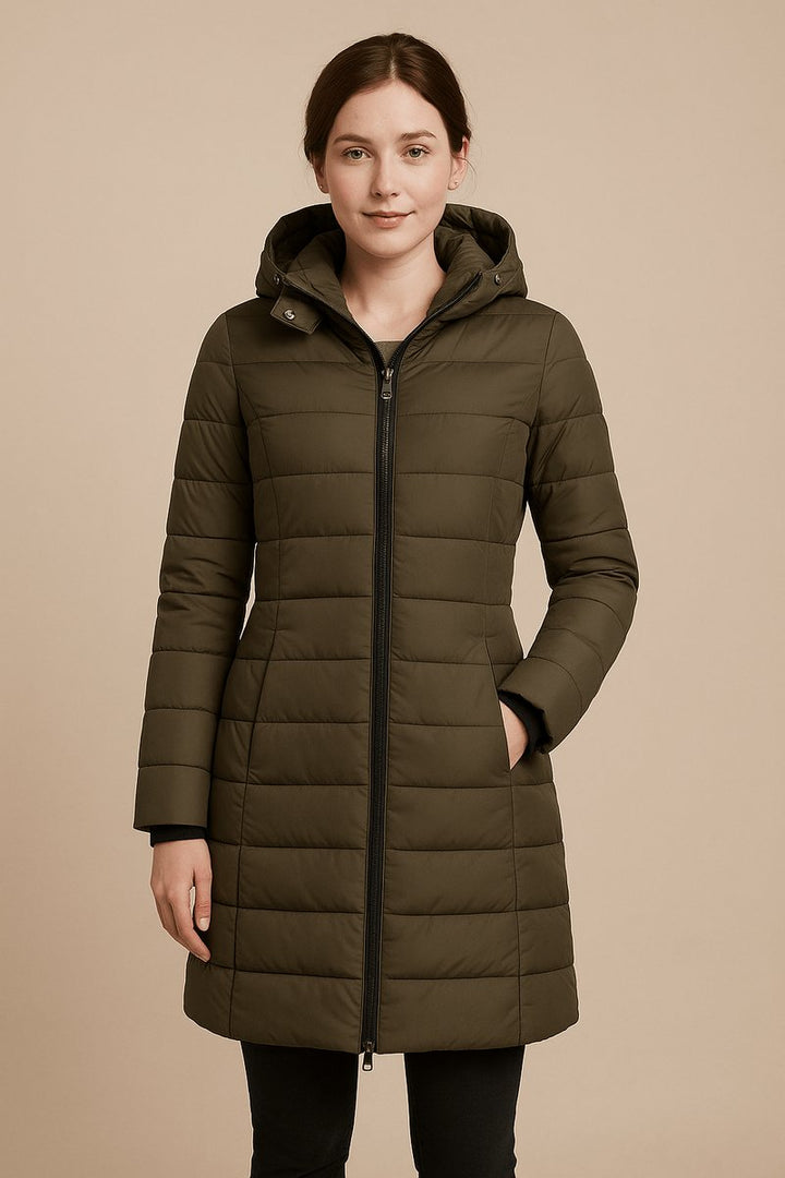 Women's Long Hooded Quilted Padded Coat Two-Way Zip - Green