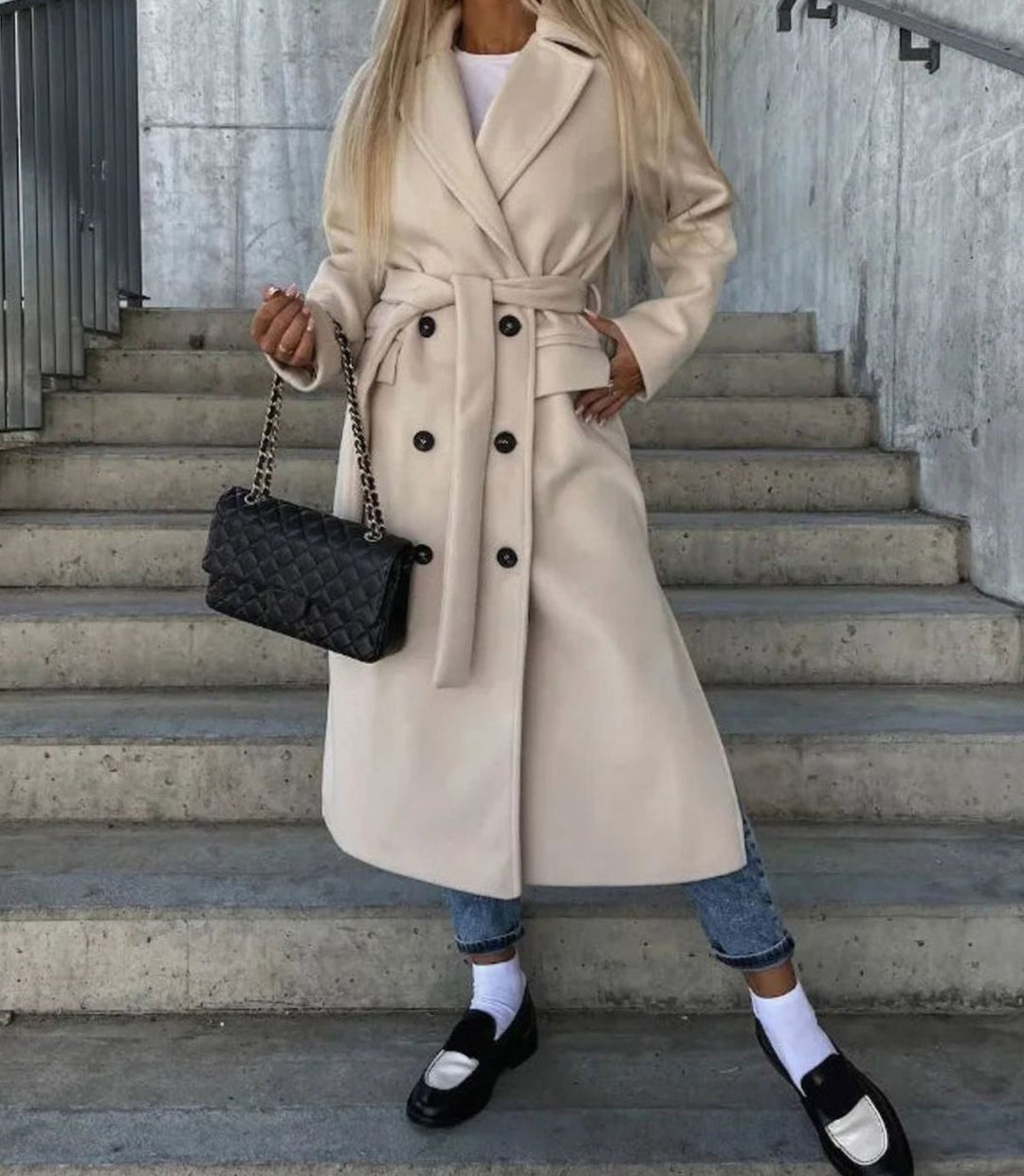 Women's Long Lapel Double-Breasted Button Front Coat - Khaki