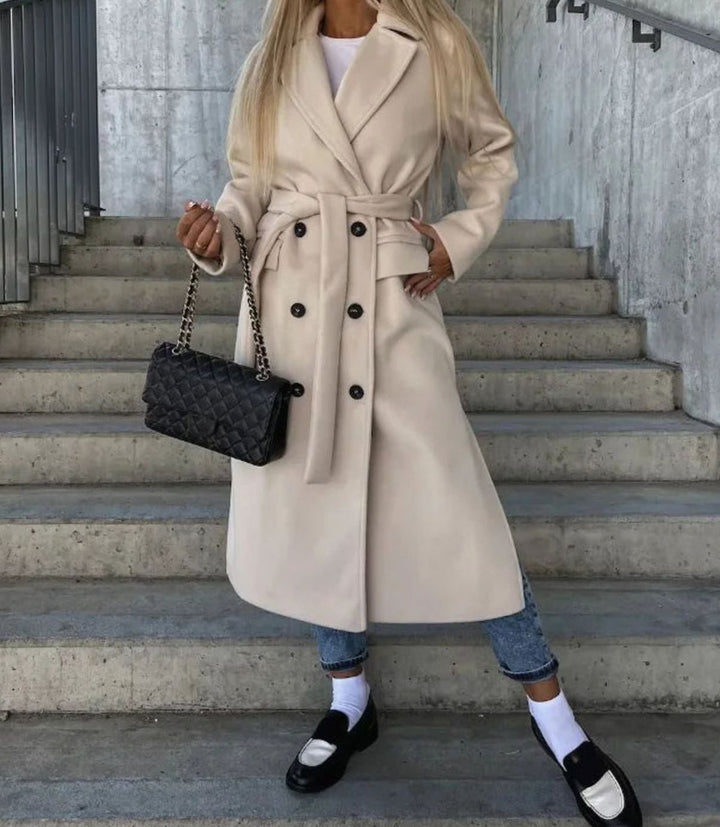Women's Long Lapel Double-Breasted Button Front Coat - Khaki