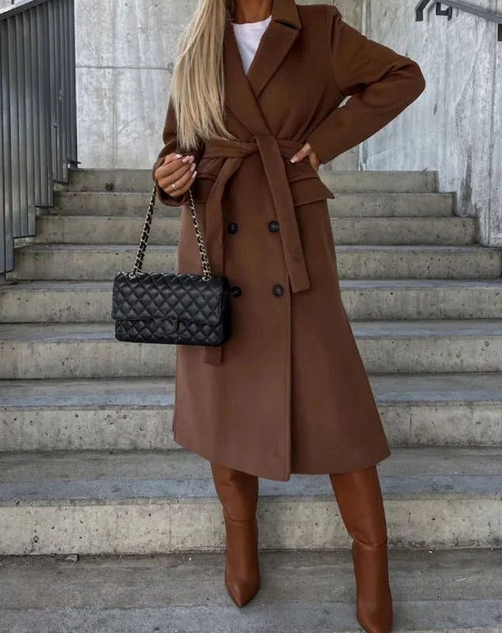 Women's Long Lapel Double-Breasted Button Front Coat - Brown