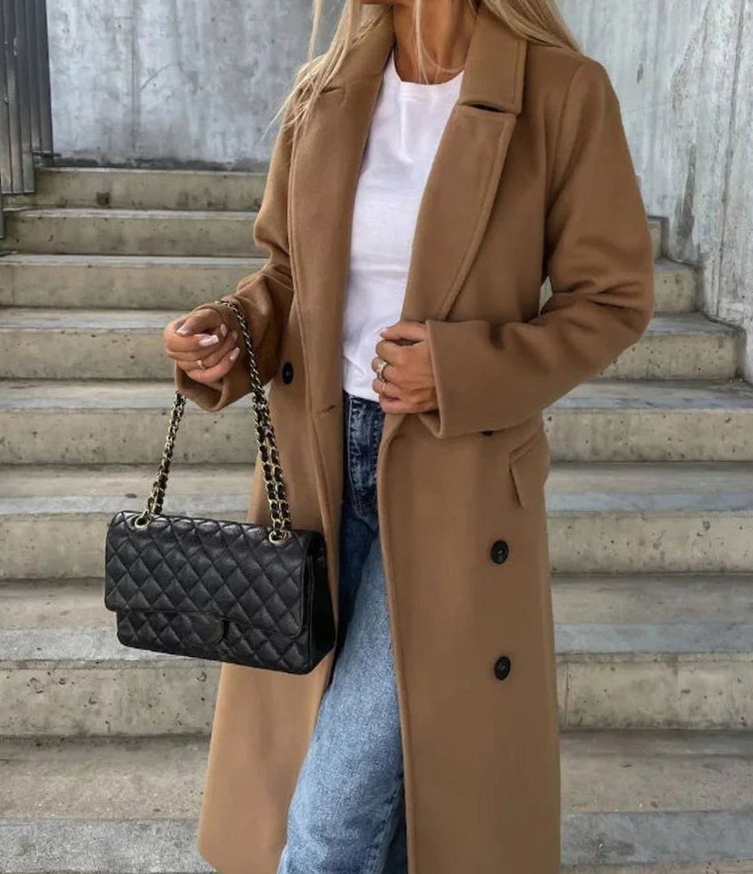 Women's Long Lapel Double-Breasted Button Front Coat - Light Brown
