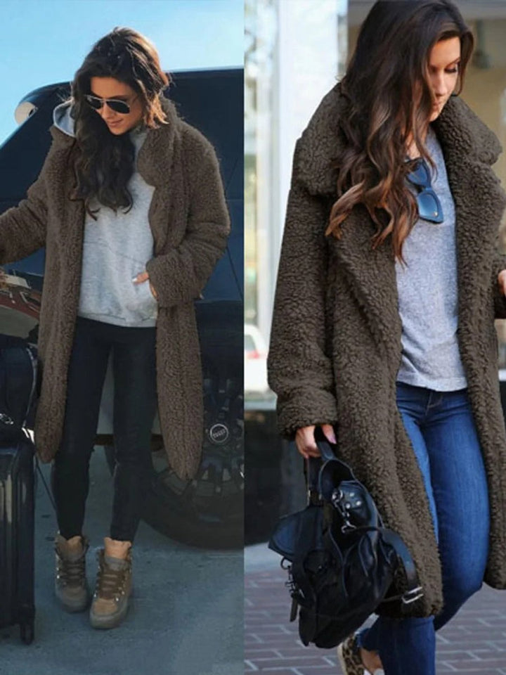 Women's Long Open-Front Teddy Faux Fur Coat