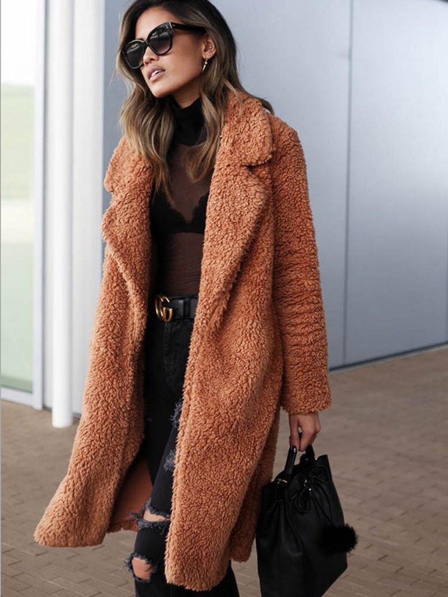 Women's Long Open-Front Teddy Faux Fur Coat