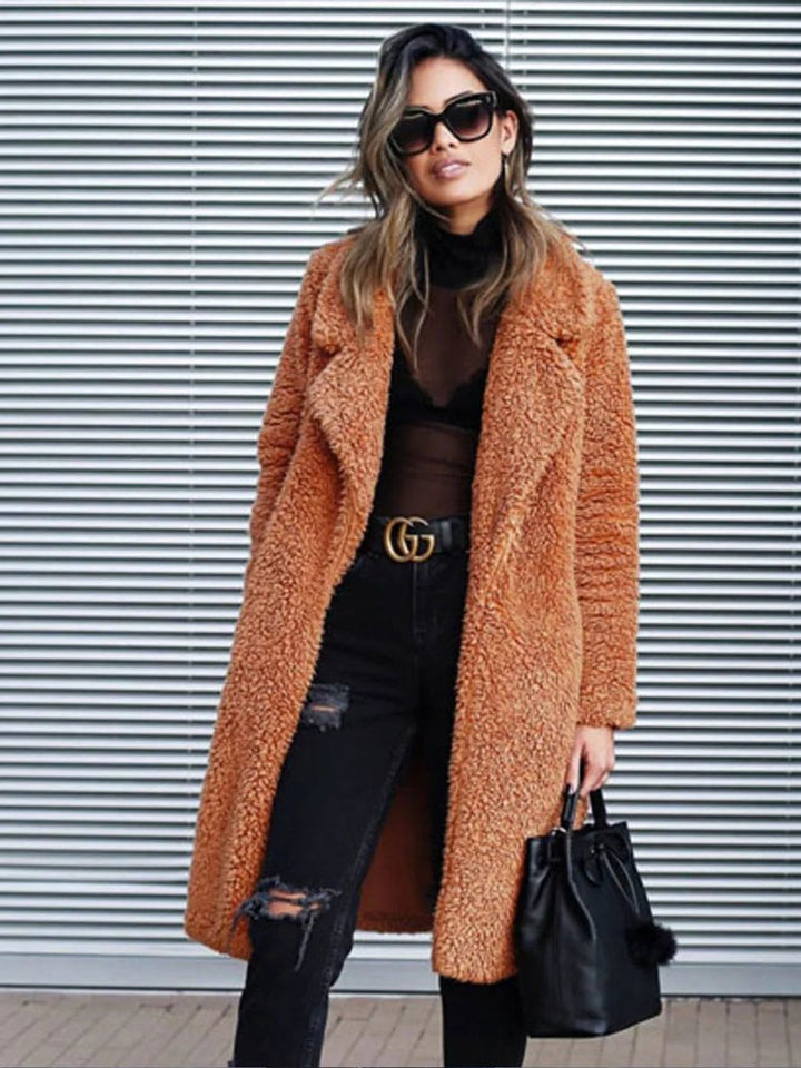 Women's Long Open-Front Teddy Faux Fur Coat
