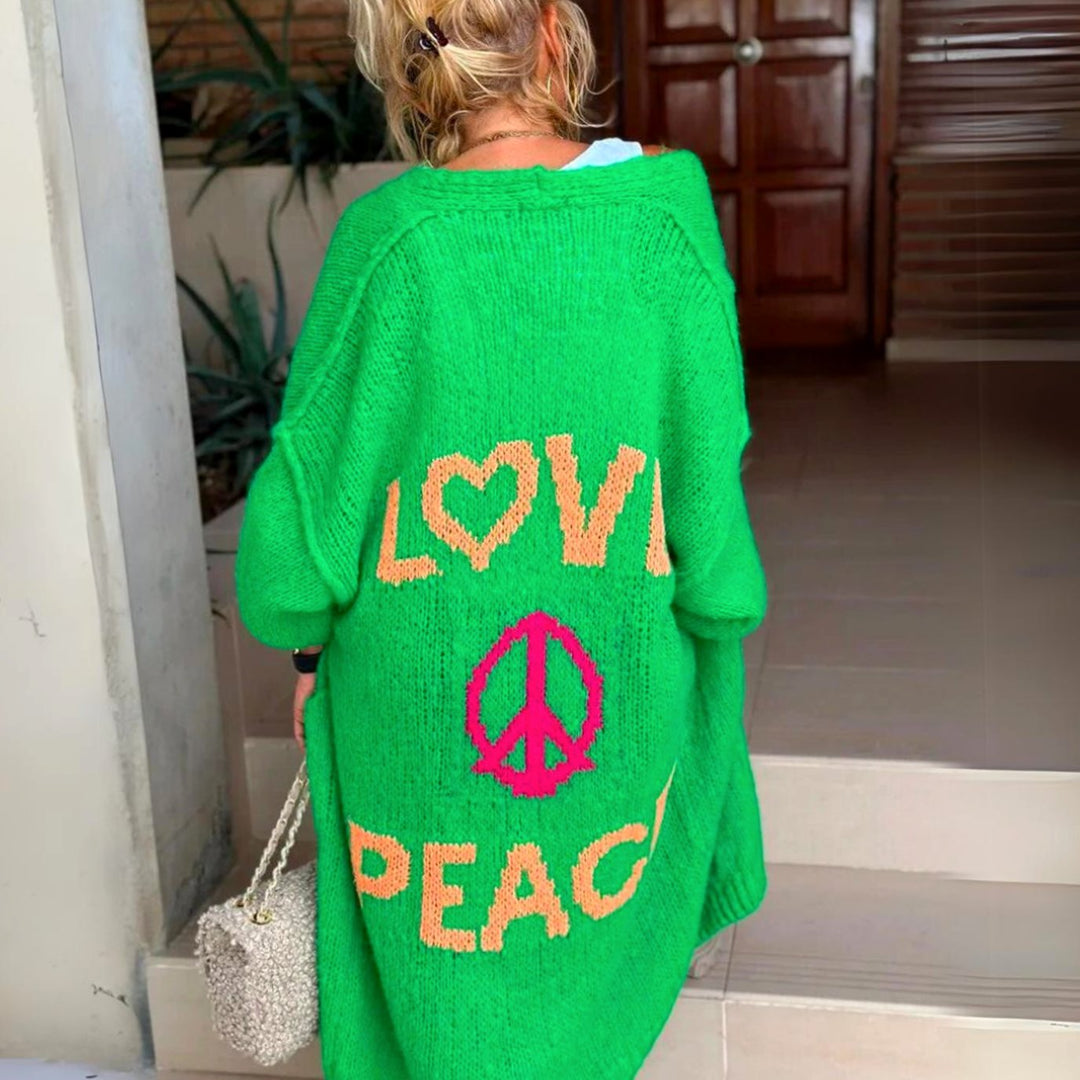 Women's Long Oversized Knit Cardigan Slogan Print