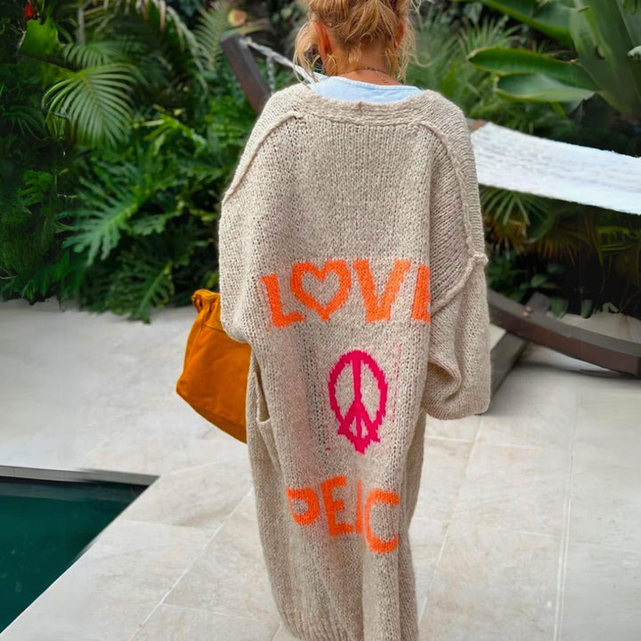 Women's Long Oversized Knit Cardigan Slogan Print