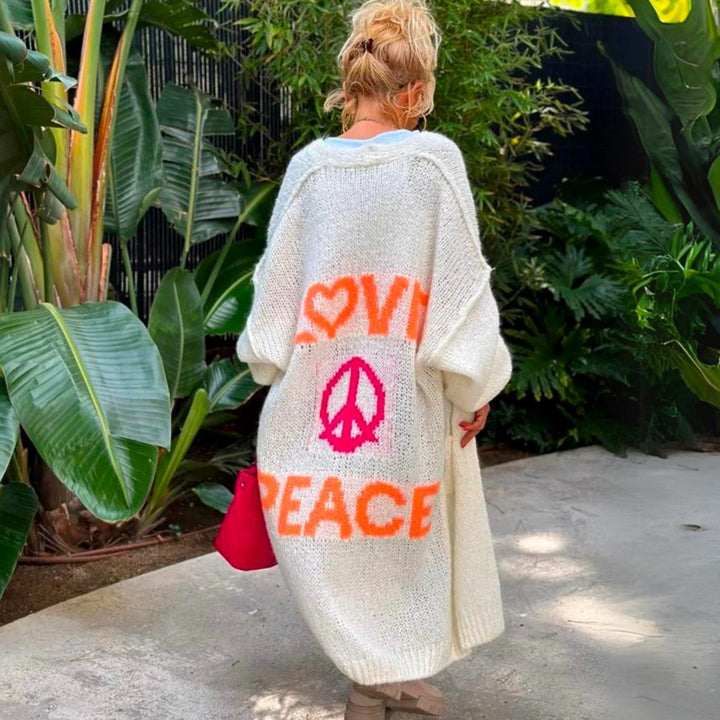 Women's Long Oversized Knit Cardigan Slogan Print