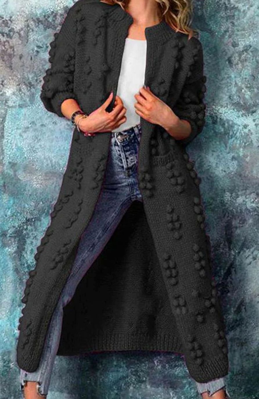 Women's Long Pom-Pom Open-Front Knitted Cardigan - Black