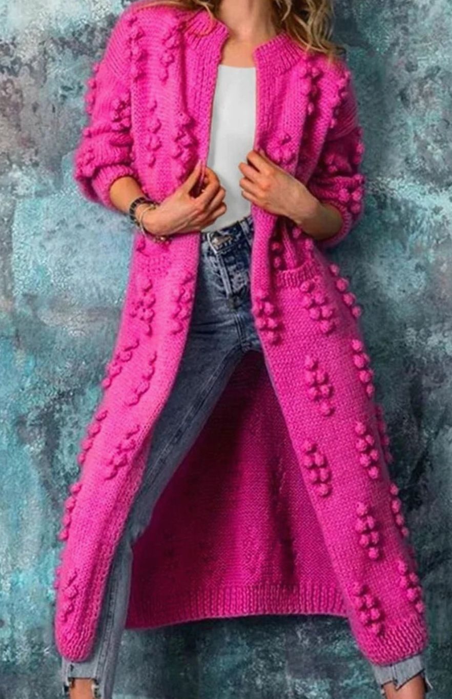 Women's Long Pom-Pom Open-Front Knitted Cardigan - Pink