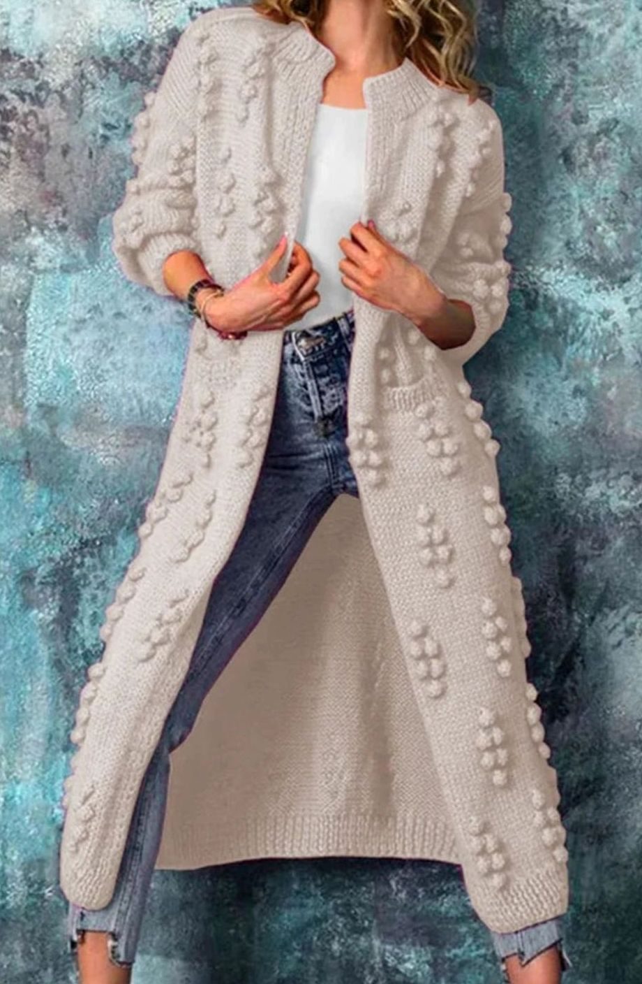 Women's Long Pom-Pom Open-Front Knitted Cardigan - Beige