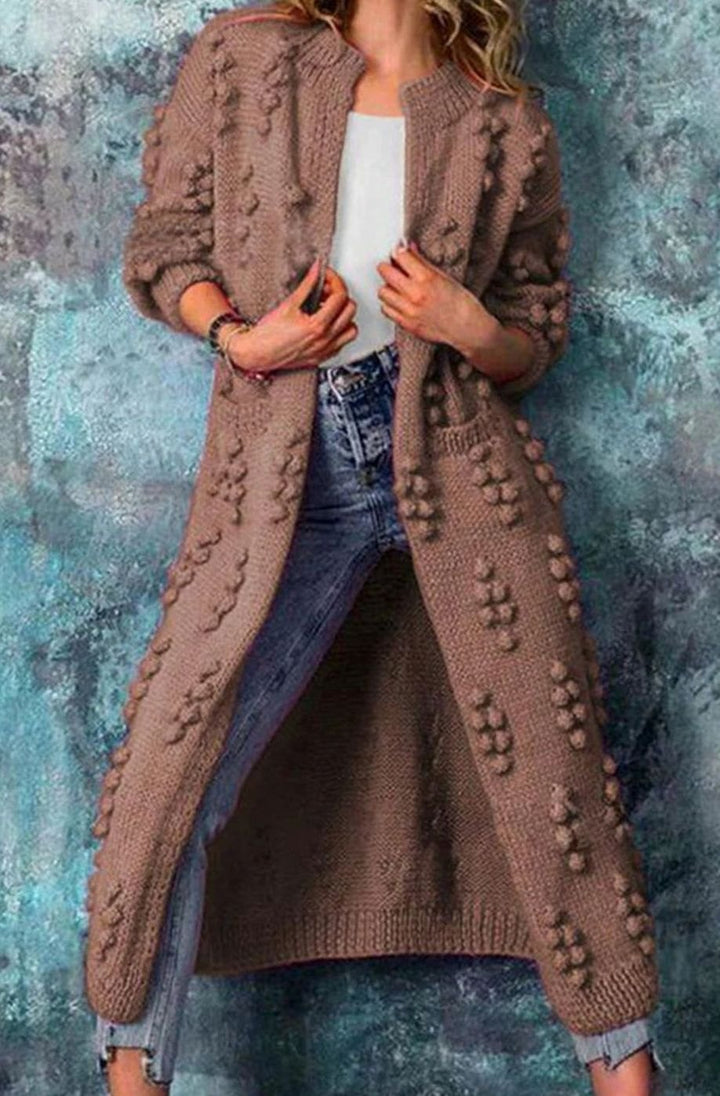 Women's Long Pom-Pom Open-Front Knitted Cardigan - Brown