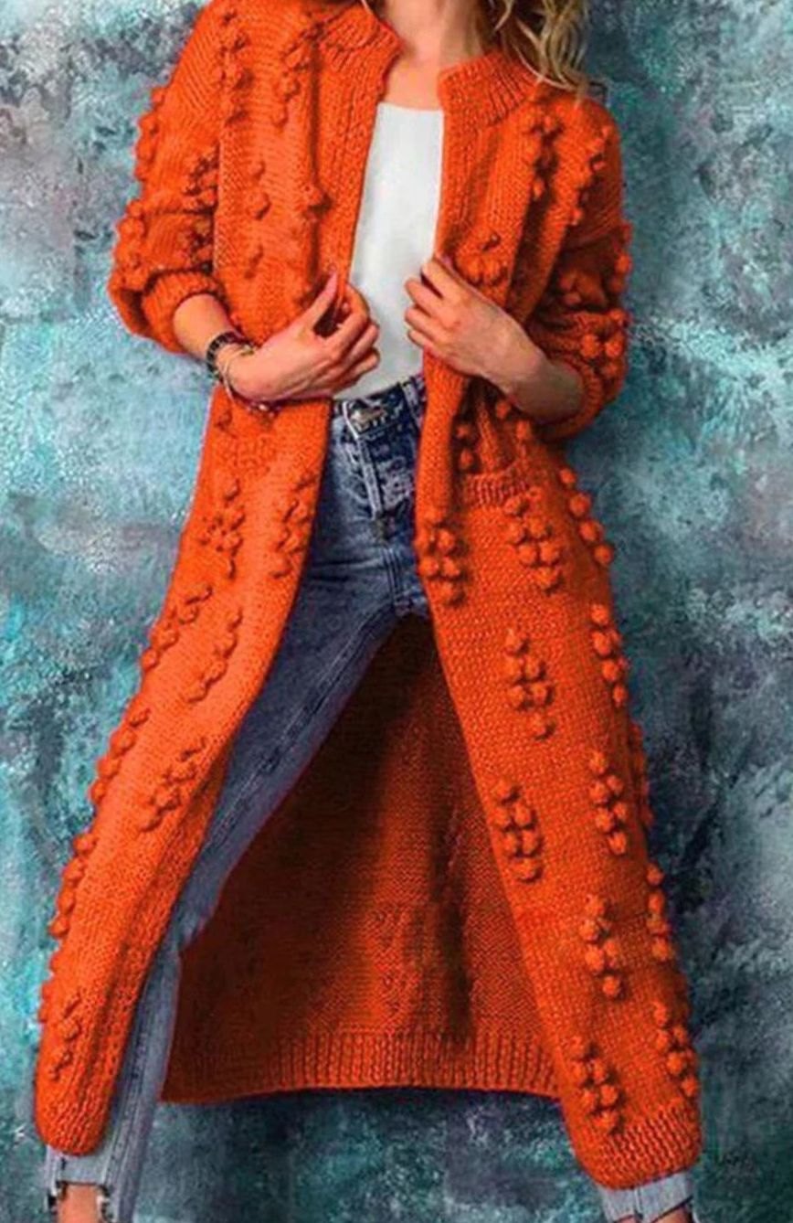 Women's Long Pom-Pom Open-Front Knitted Cardigan - Orange