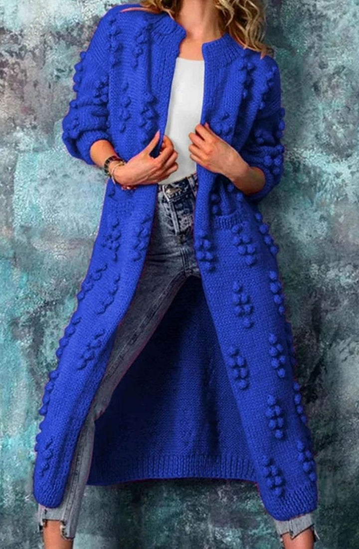 Women's Long Pom-Pom Open-Front Knitted Cardigan - Blue