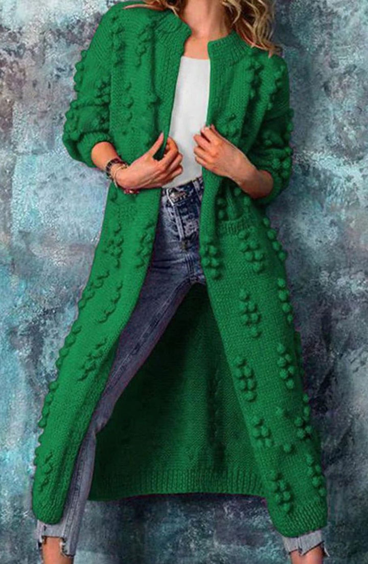 Women's Long Pom-Pom Open-Front Knitted Cardigan - Green