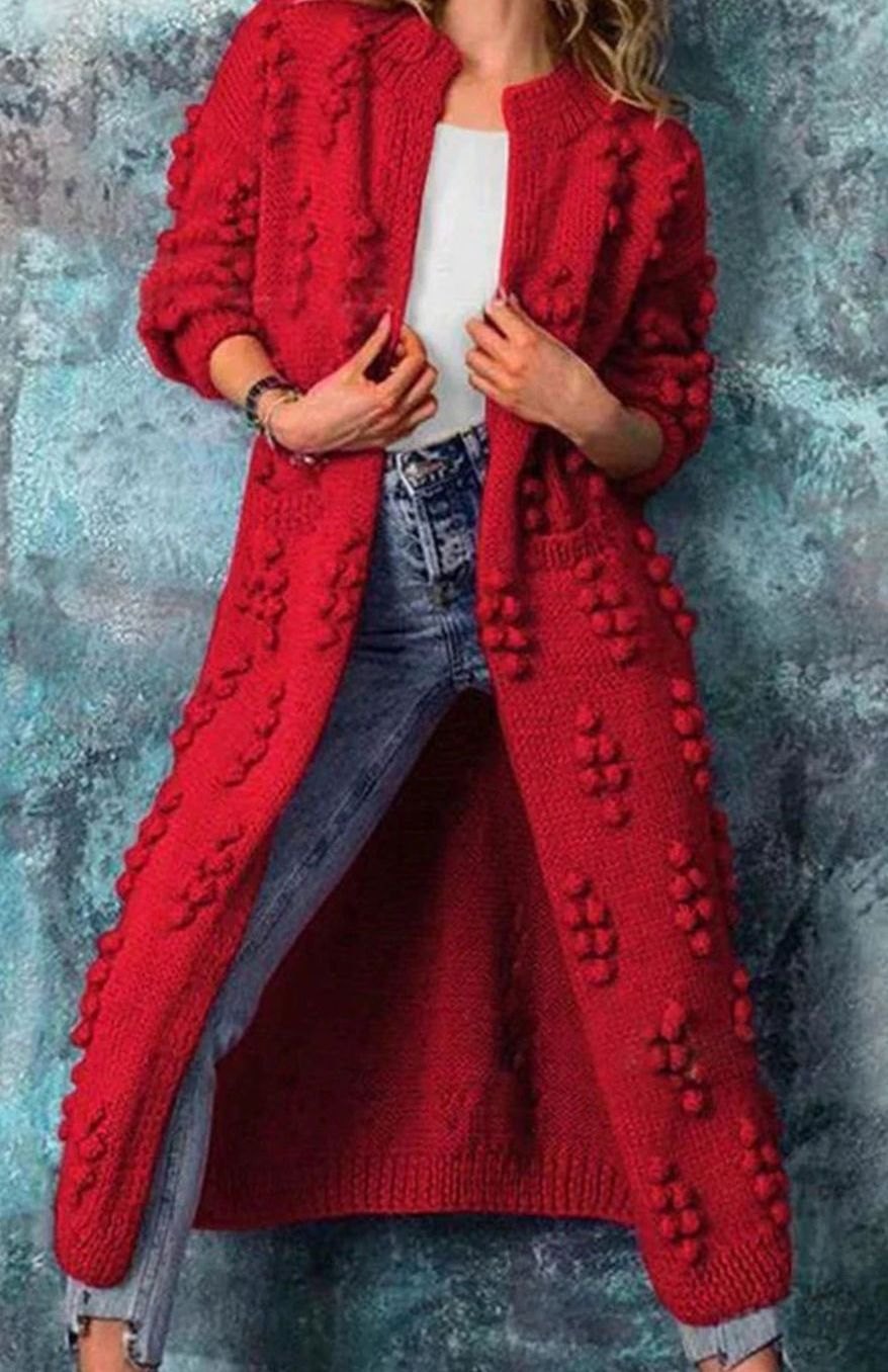 Women's Long Pom-Pom Open-Front Knitted Cardigan - Red