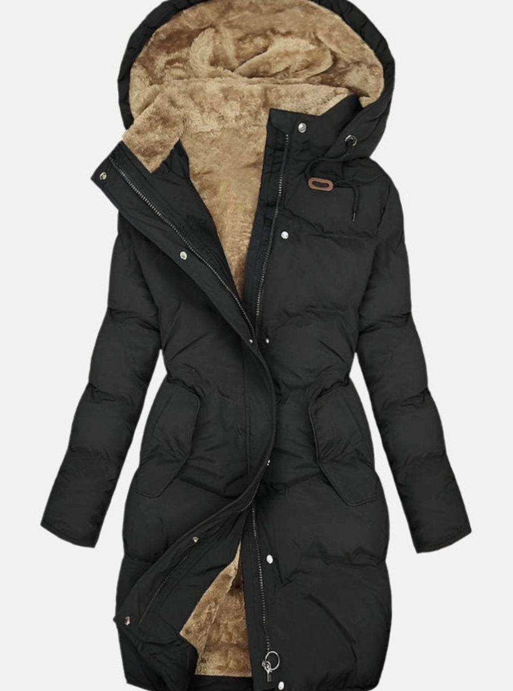 Women's Long Quilted Fleece-Lined Hooded Winter Coat - Black