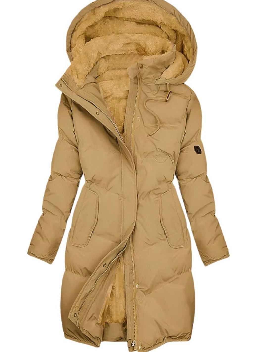 Women's Long Quilted Fleece-Lined Hooded Winter Coat - Yellow