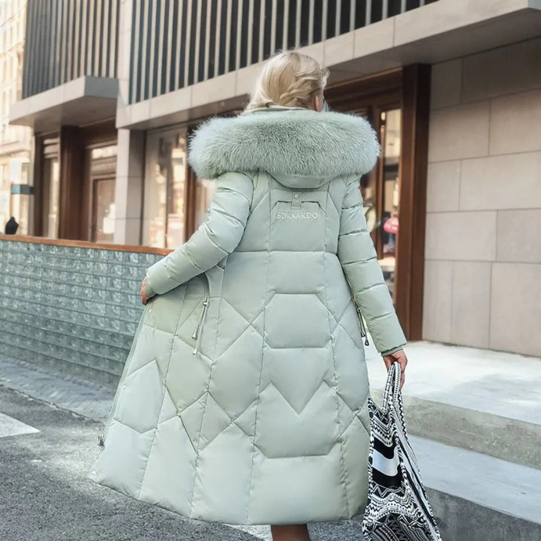 Women's Long Quilted Hooded Puffer Coat Faux Fur Trim