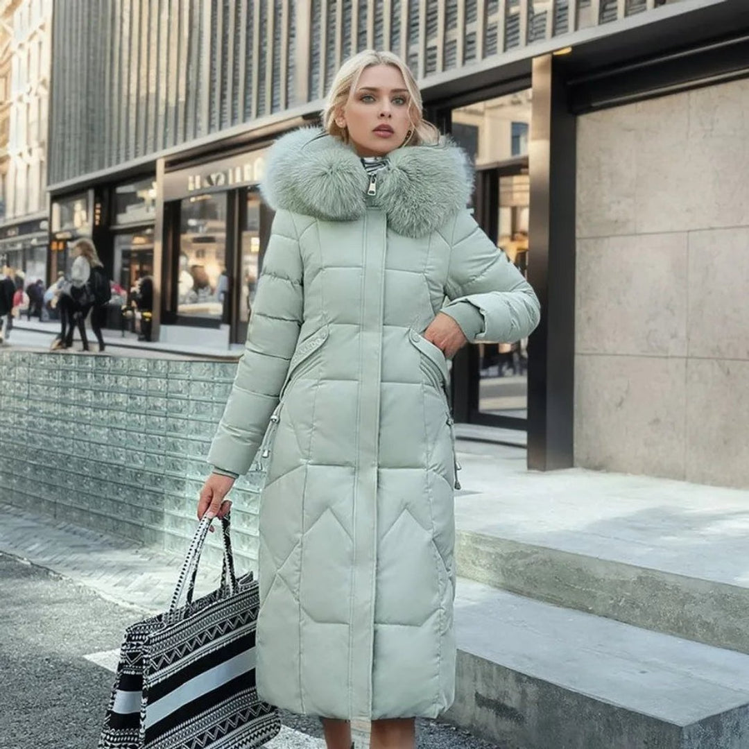 Women's Long Quilted Hooded Puffer Coat Faux Fur Trim