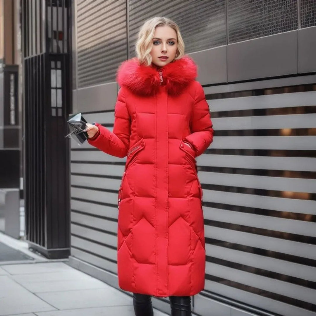 Women's Long Quilted Hooded Puffer Coat Faux Fur Trim