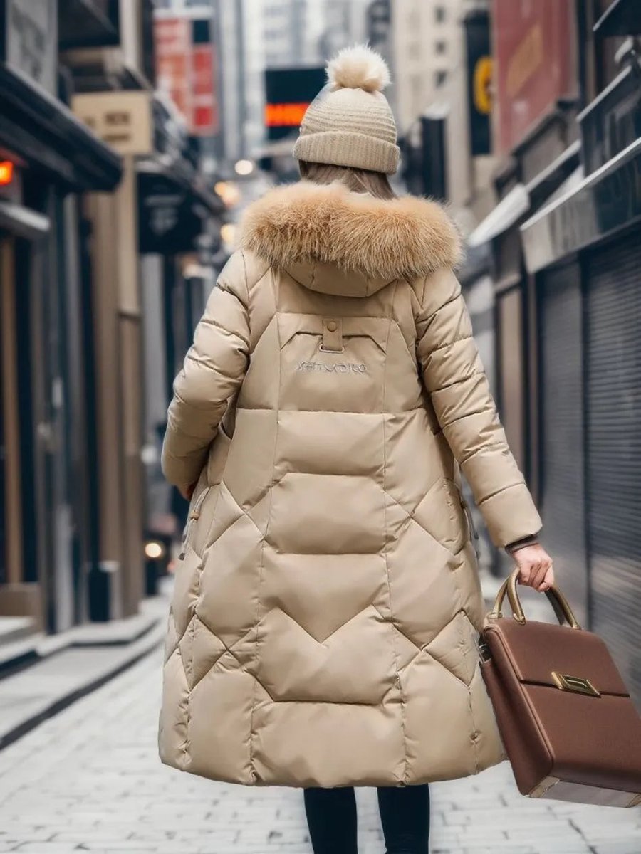 Women's Long Quilted Hooded Puffer Coat Faux Fur Trim