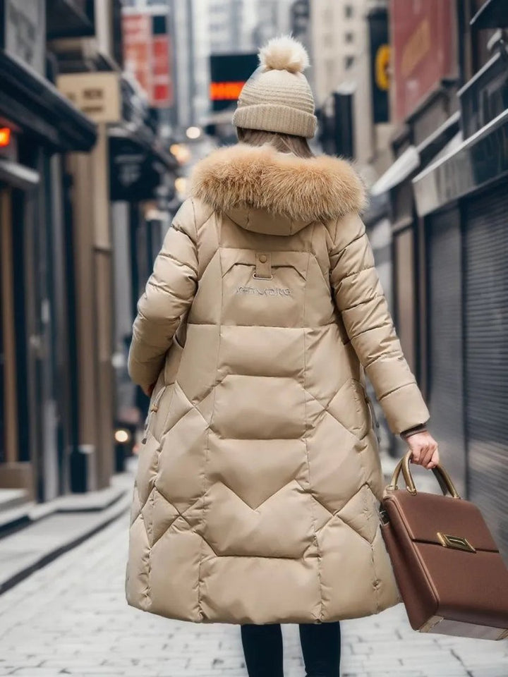 Women's Long Quilted Hooded Puffer Coat Faux Fur Trim