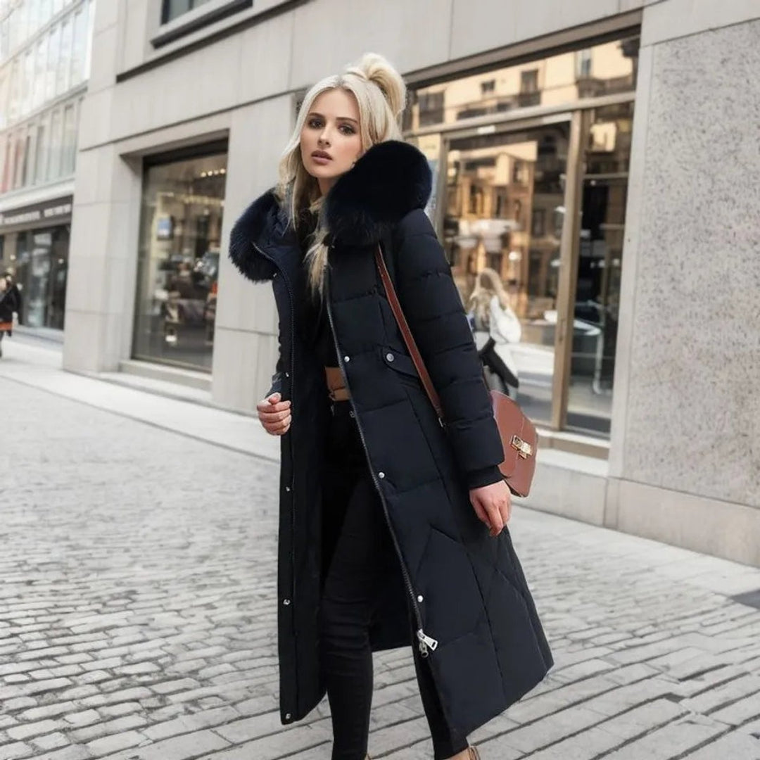 Women's Long Quilted Hooded Puffer Coat Faux Fur Trim