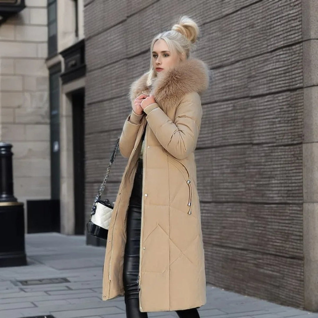 Women's Long Quilted Hooded Puffer Coat Faux Fur Trim