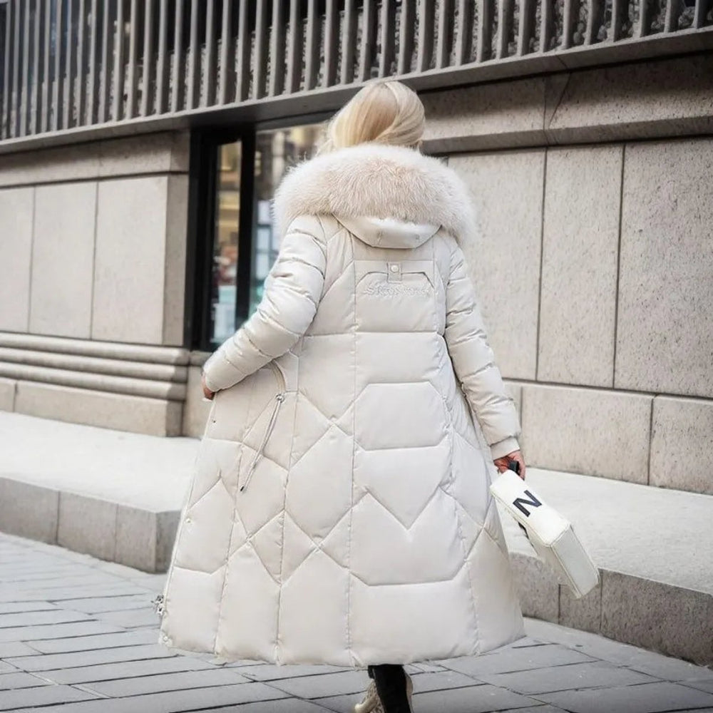 Women's Long Quilted Hooded Puffer Coat Faux Fur Trim