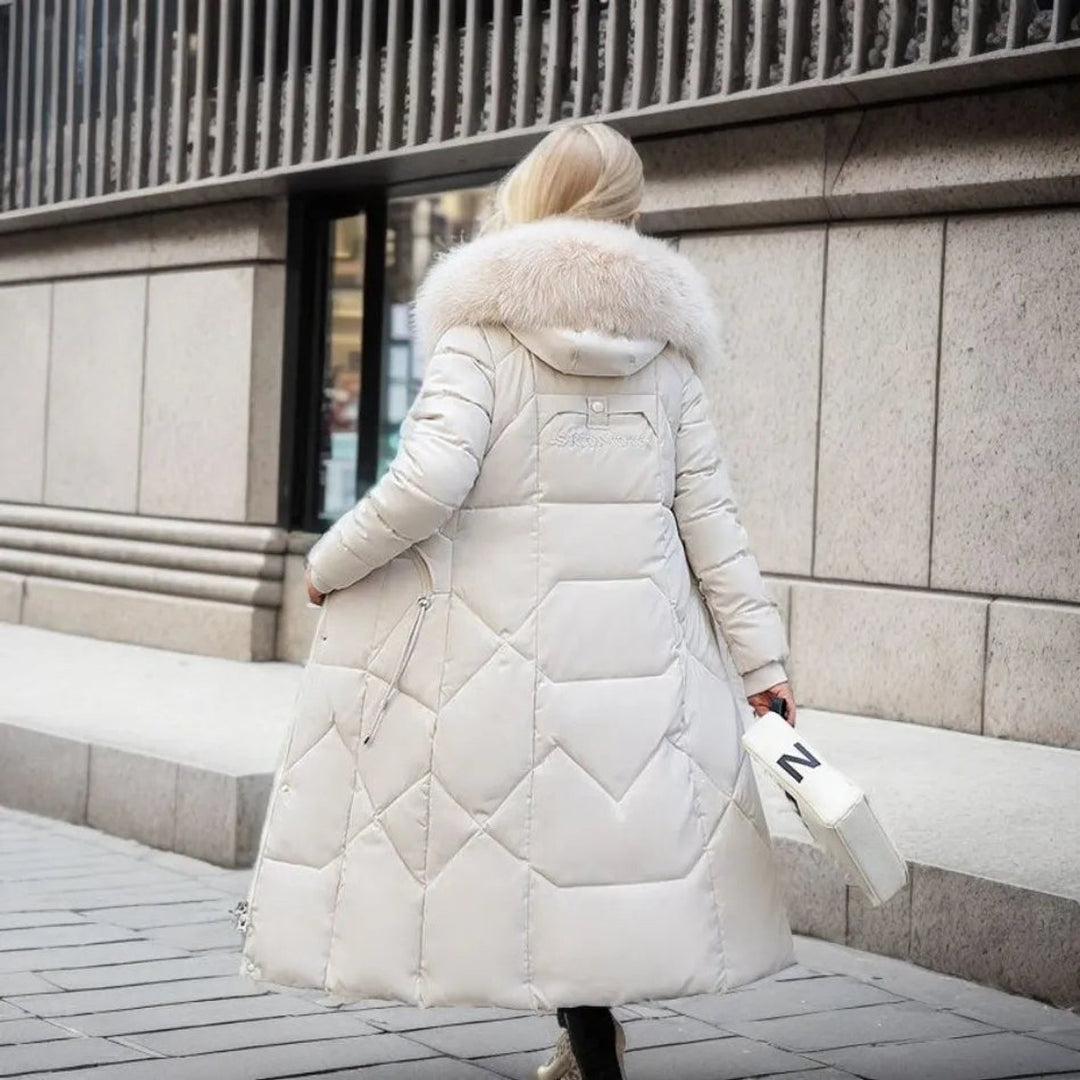 Women's Long Quilted Hooded Puffer Coat Faux Fur Trim