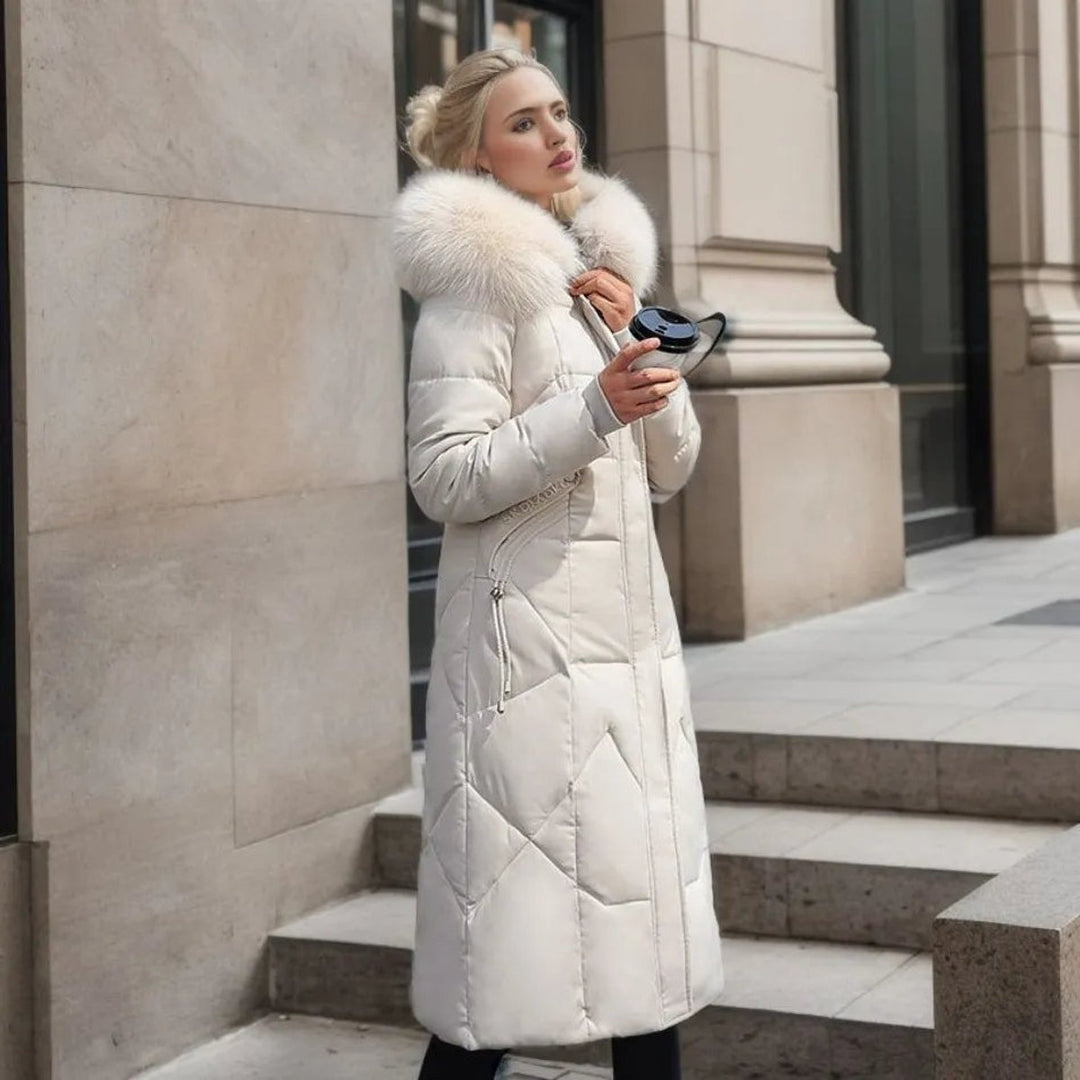 Women's Long Quilted Hooded Puffer Coat Faux Fur Trim