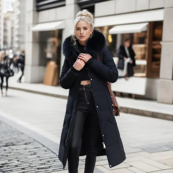 Women's Long Quilted Hooded Puffer Coat Faux Fur Trim