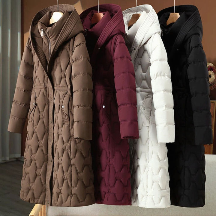 Women's Long Quilted Hooded Puffer Jacket Tailored Waist