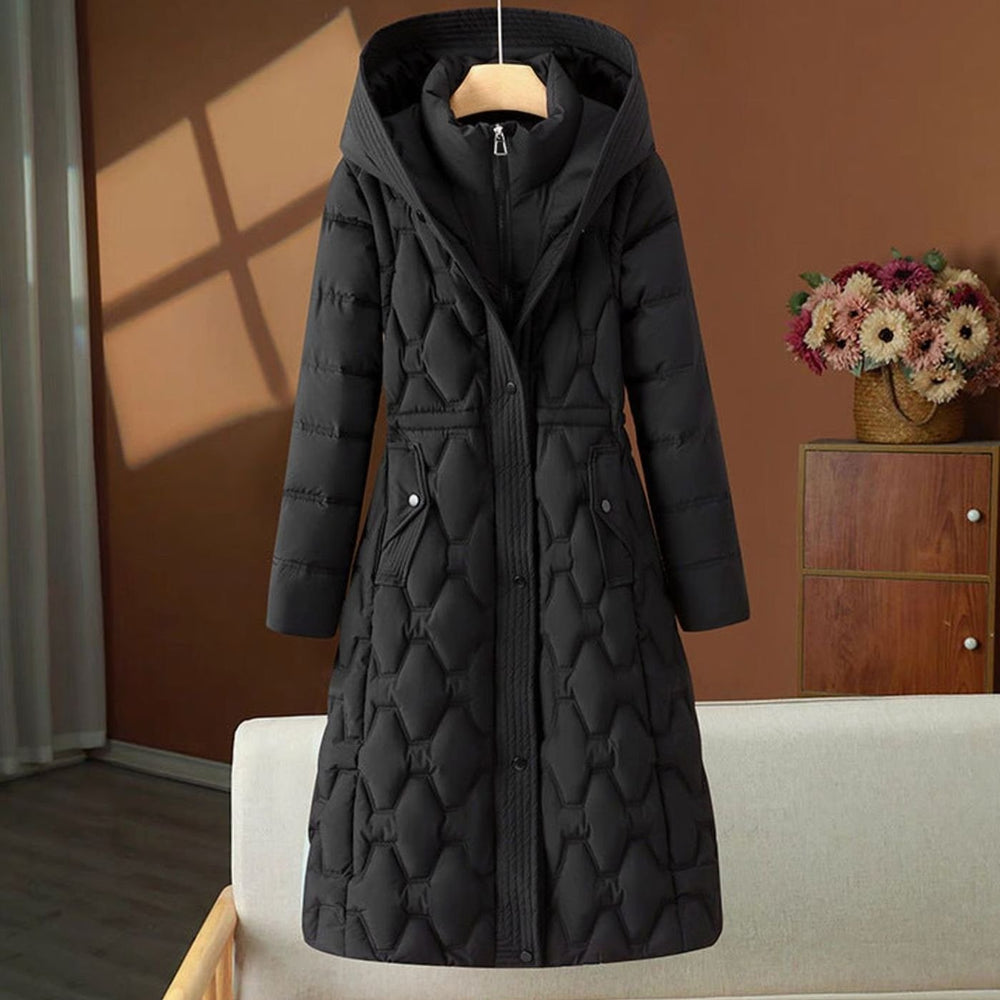 Women's Long Quilted Hooded Puffer Jacket Tailored Waist