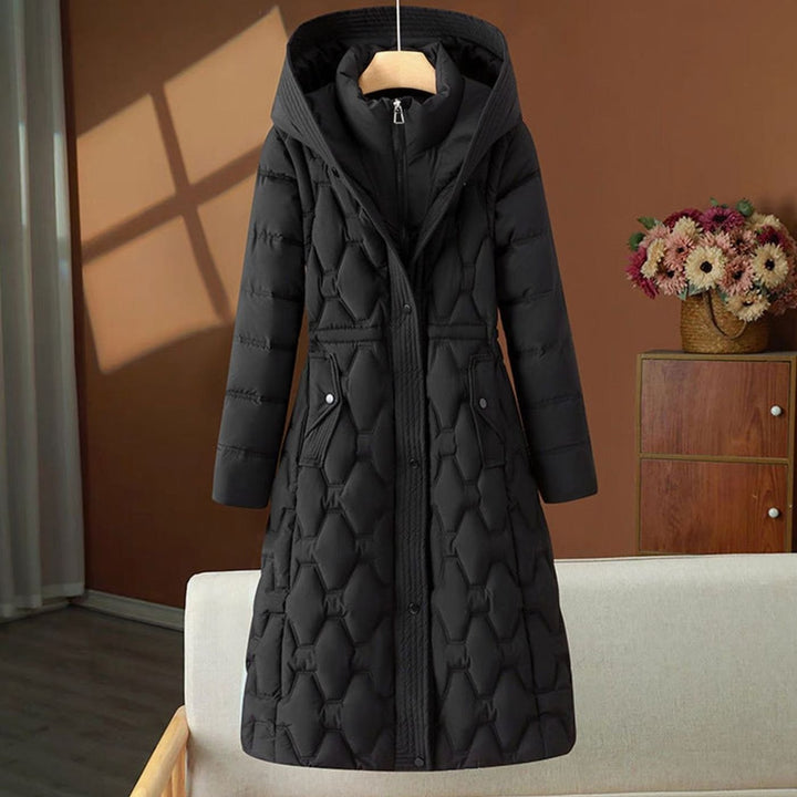 Women's Long Quilted Hooded Puffer Jacket Tailored Waist