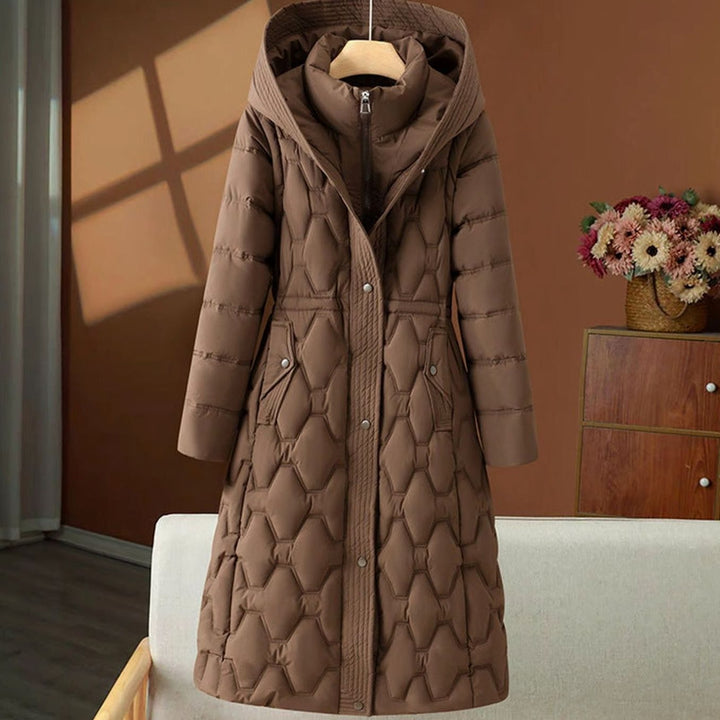Women's Long Quilted Hooded Puffer Jacket Tailored Waist