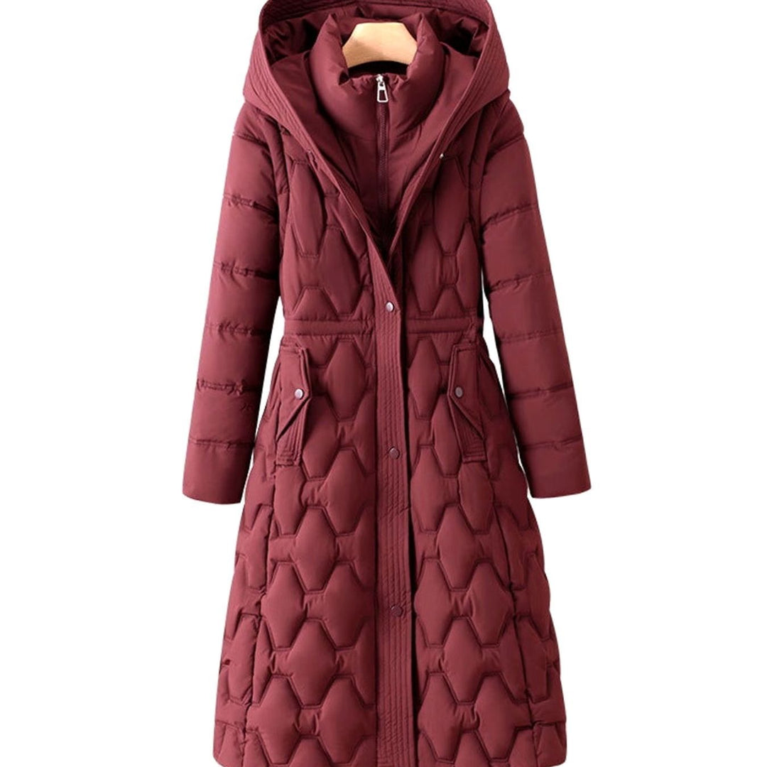 Women's Long Quilted Hooded Puffer Jacket Tailored Waist