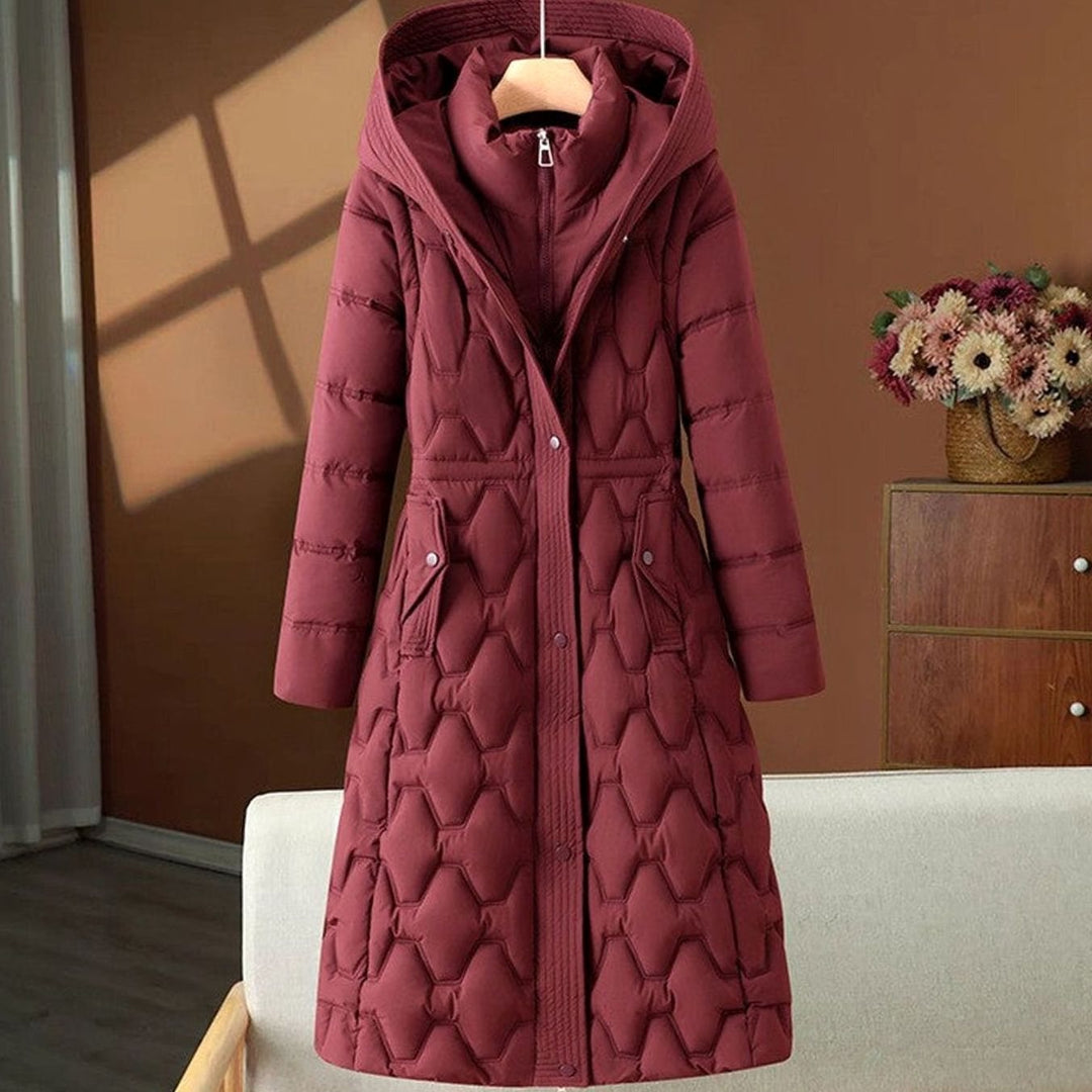 Women's Long Quilted Hooded Puffer Jacket Tailored Waist - Burgundy