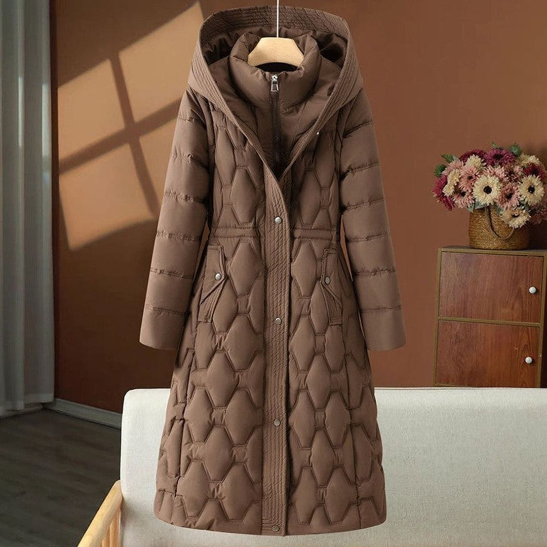 Women's Long Quilted Hooded Puffer Jacket Tailored Waist - Brown