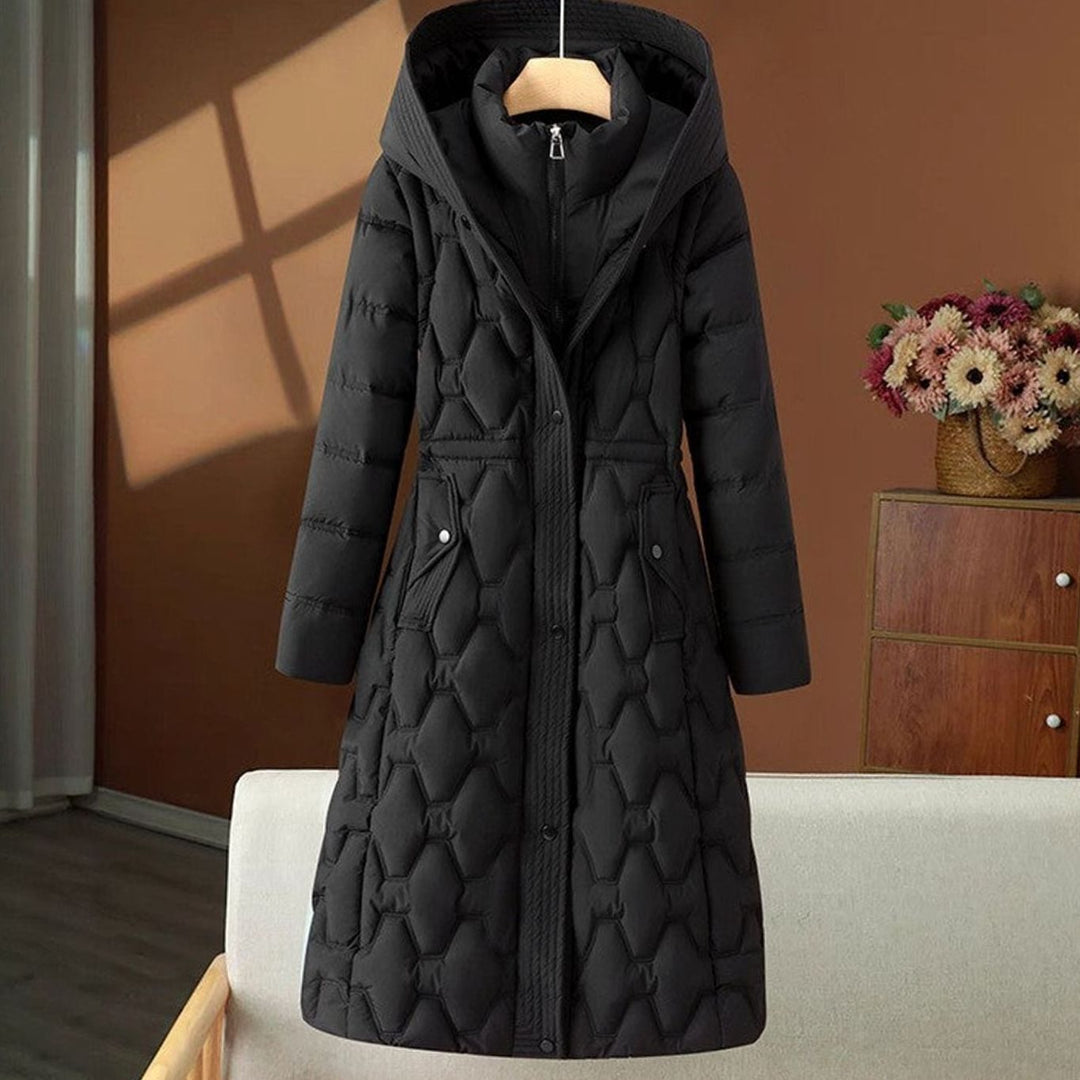 Women's Long Quilted Hooded Puffer Jacket Tailored Waist - Black