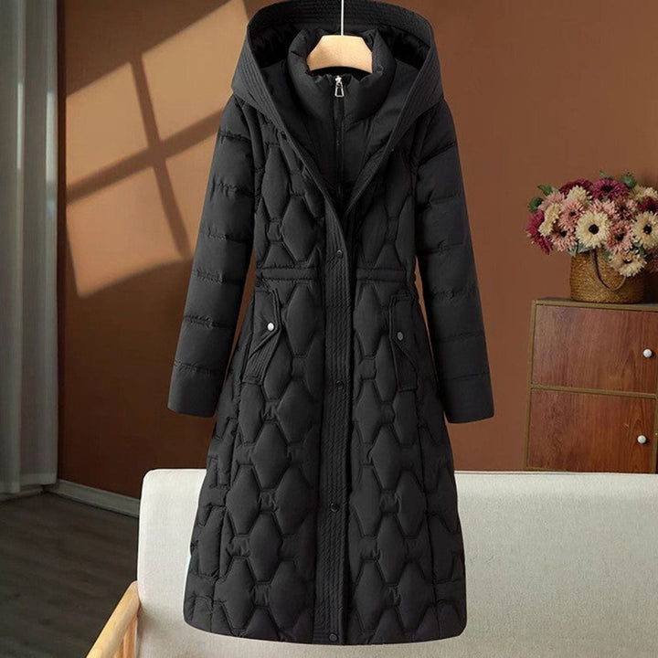Women's Long Quilted Hooded Puffer Jacket Tailored Waist - Black