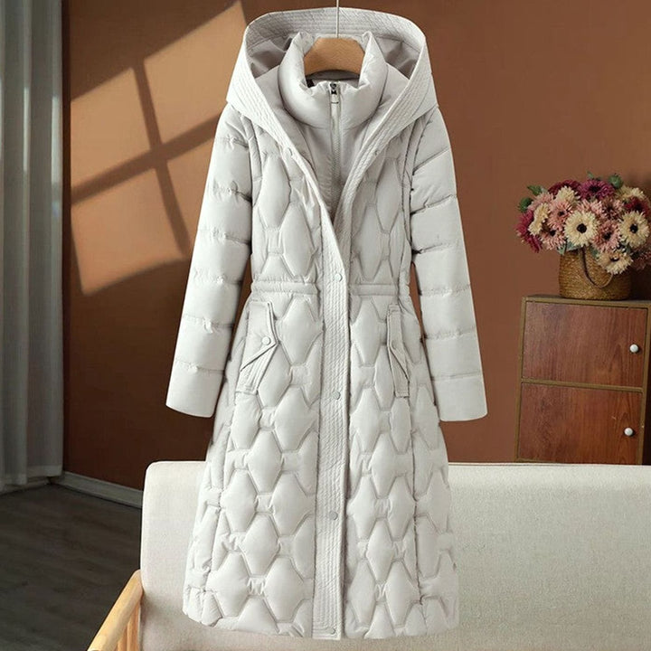 Women's Long Quilted Hooded Puffer Jacket Tailored Waist - Off-White