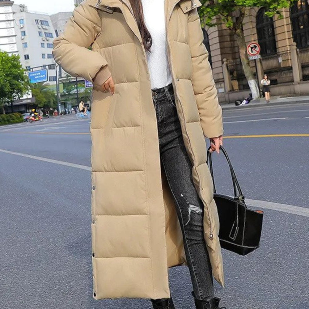 Women's Long Quilted Padded Zip-Up Winter Coat - Khaki