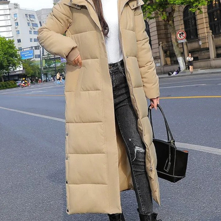 Women's Long Quilted Padded Zip-Up Winter Coat - Khaki