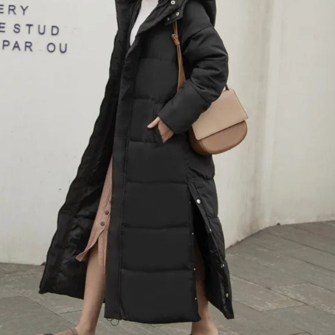 Women's Long Quilted Padded Zip-Up Winter Coat - Black