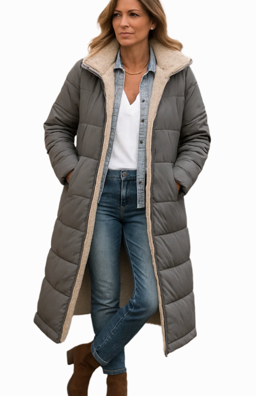 Women's Long Quilted Sherpa-Lined Hooded Winter Coat - Grey