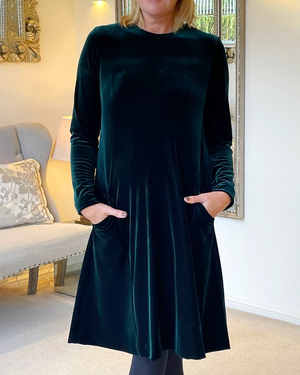 Women's Long-Sleeve A-Line Velvet Party Dress Pockets